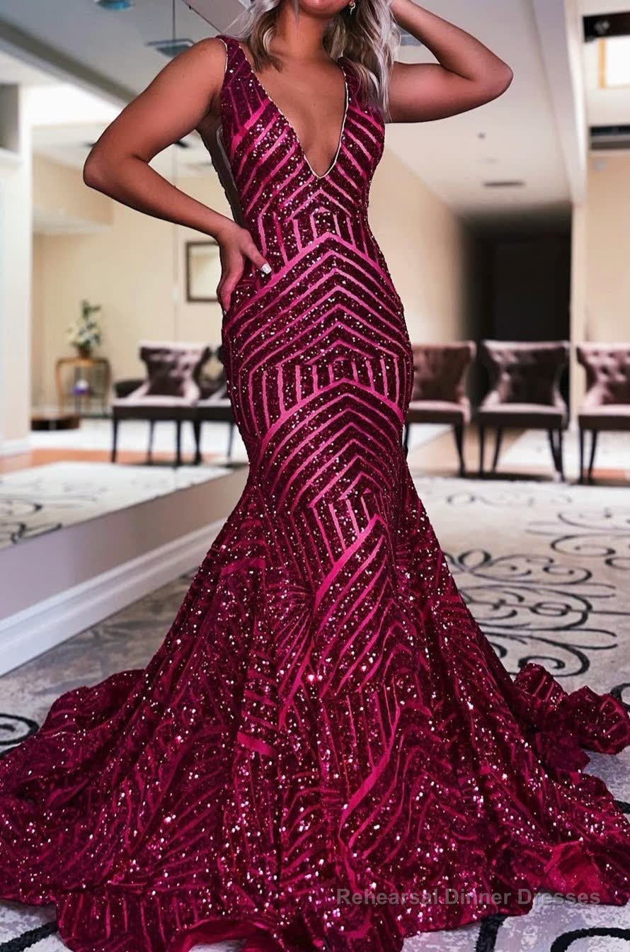 Orange Sparkly Deep V Neck Sequin Mermaid Prom Dress