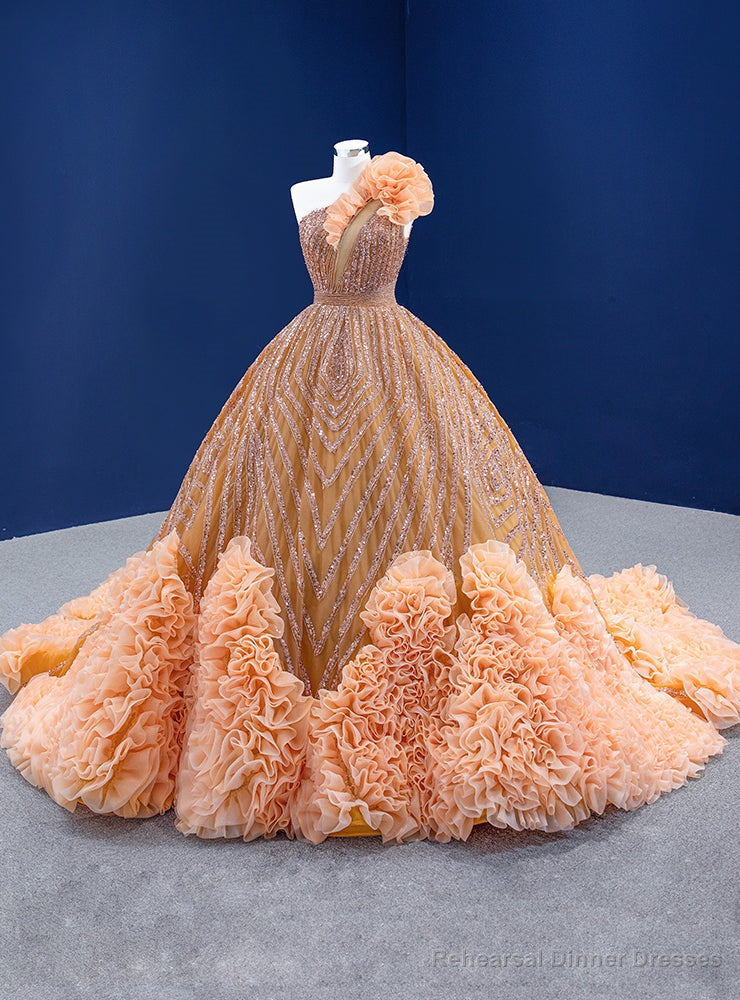 Orange Tulle Ball Gown One Shoulder Sequins Beading Prom Dress Main image