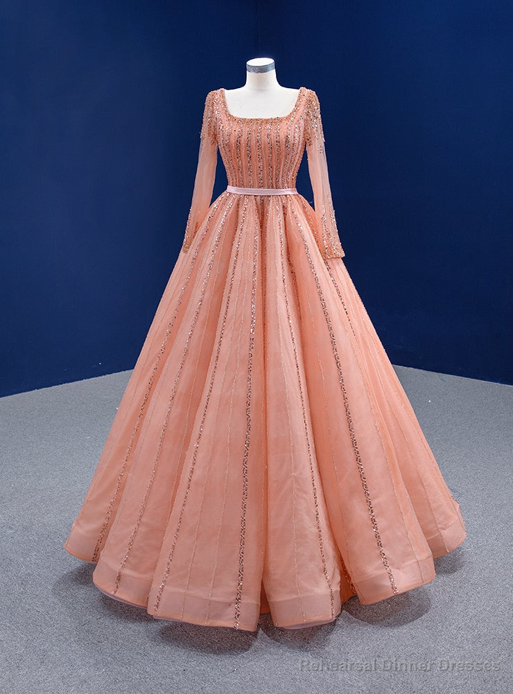 Orange Tulle Long Sleeve Square Beading Sequins Prom Dress Main image