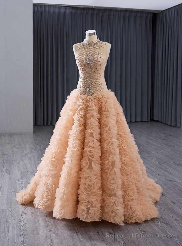 Orange Tulle Mermaid Ruffles Beading Crystal Prom Dress Main image