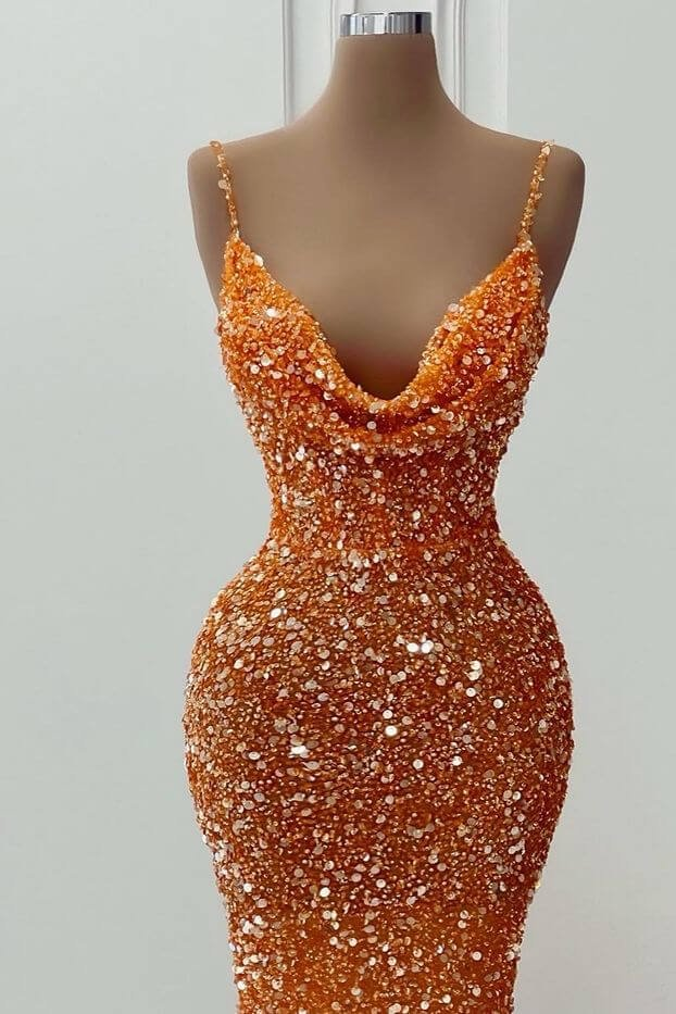 Orange Gorgeous Shiny V-Neck Mermaid Slim Spaghetti Straps Long Sequined Ball Gown Classy Evening Dress Party Dress Secondary image