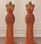 Orange Gorgeous Shiny V-Neck Mermaid Slim Spaghetti Straps Long Sequined Ball Gown Classy Evening Dress Party Dress