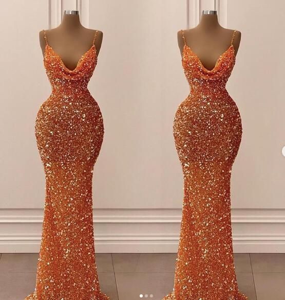Orange Gorgeous Shiny V-Neck Mermaid Slim Spaghetti Straps Long Sequined Ball Gown Classy Evening Dress Party Dress