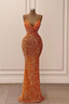 Orange Gorgeous Shiny V-Neck Mermaid Slim Spaghetti Straps Long Sequined Ball Gown Classy Evening Dress Party Dress