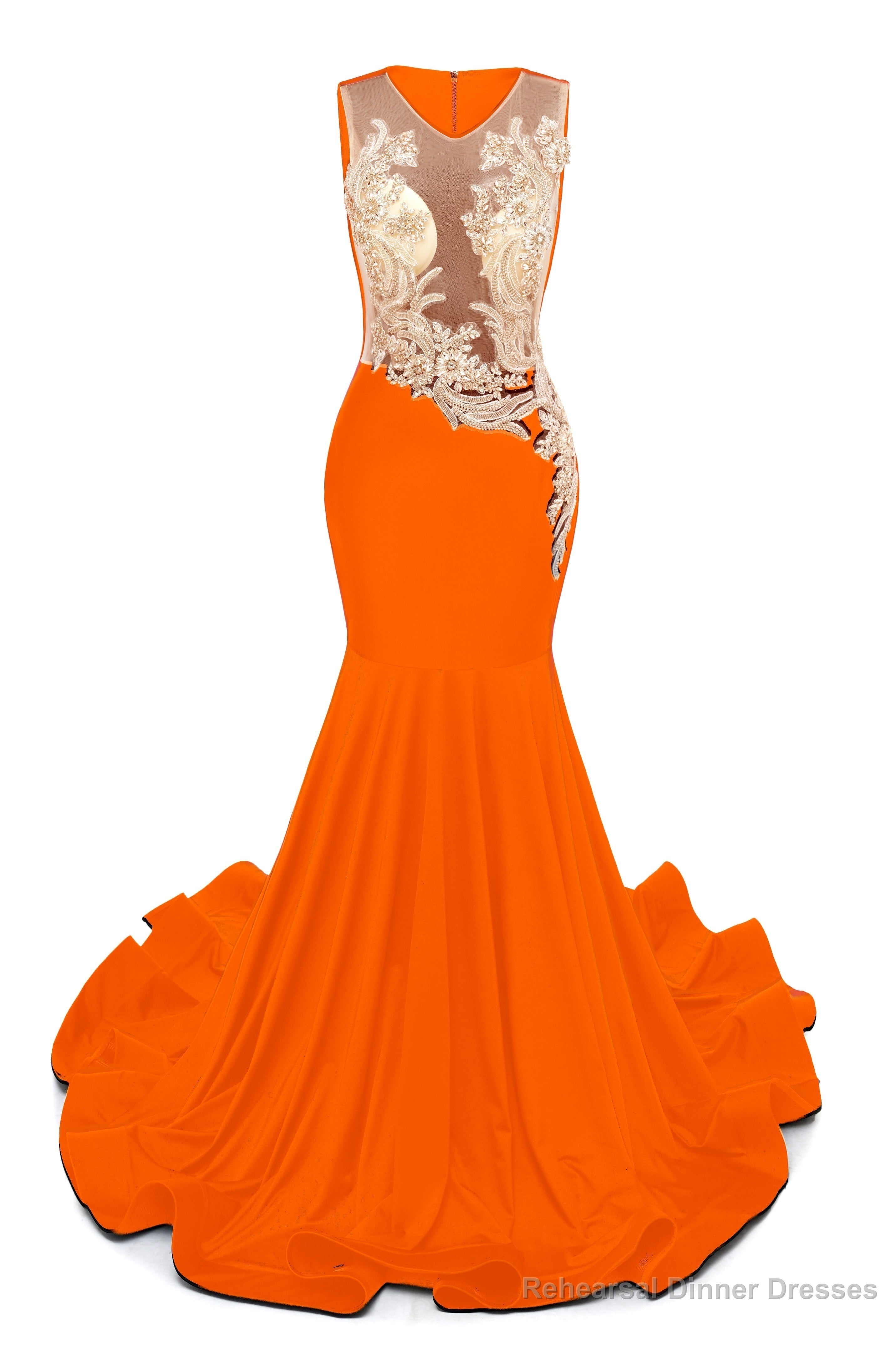 Orange V-Neck Sheer Corset Prom Dresses Beaded Mermaid Long Train Evening Gowns Secondary image