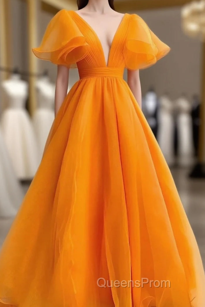 Orange V-Neckline Puffy Sleeves Long Party Dress, A-Line Organza Evening Prom Dress Main image
