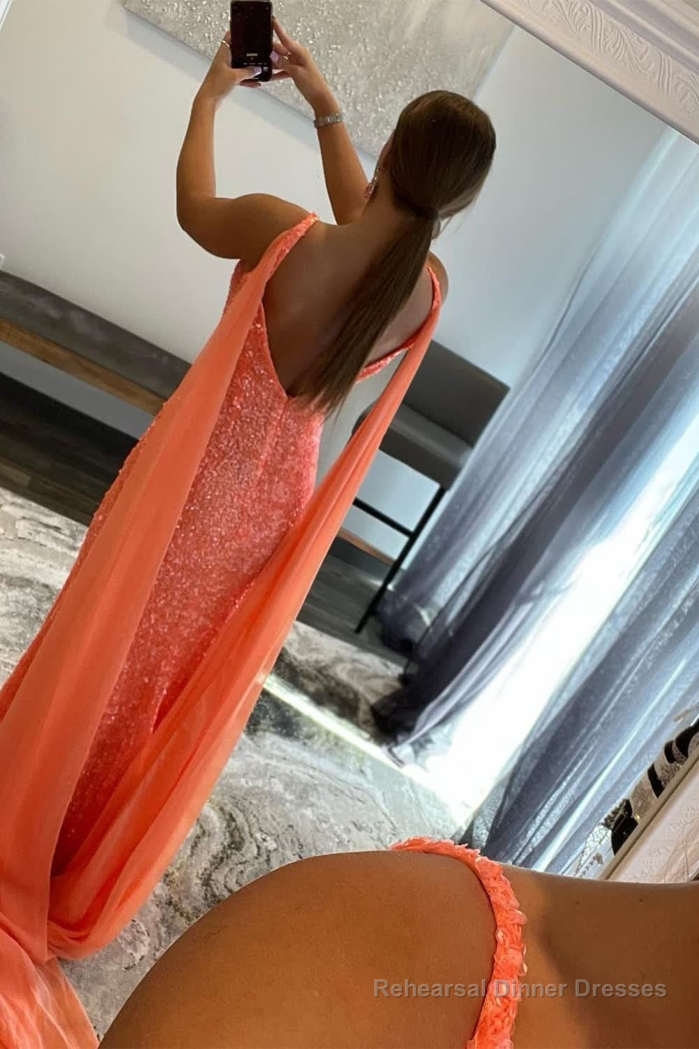 Orange Watteau Train Sequins Long Prom Dress Secondary image