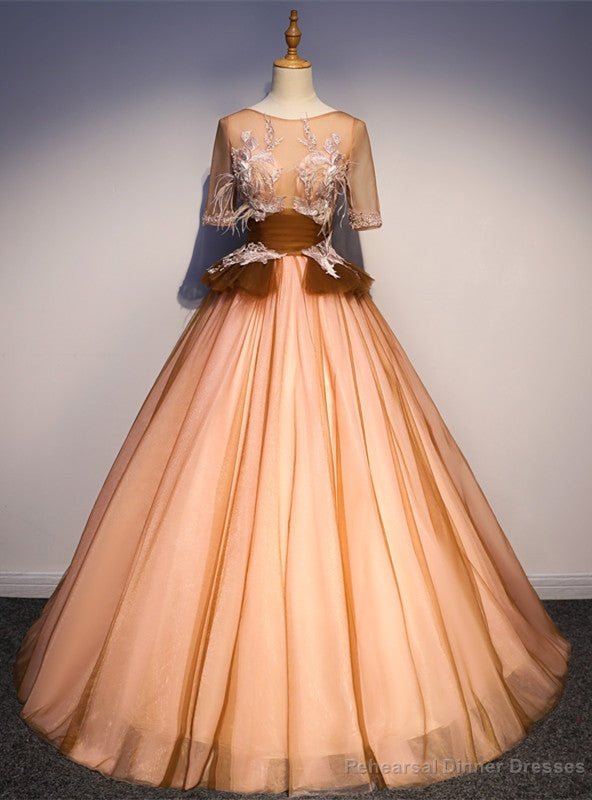 Orange Yellow Tulle Short Sleeve Backless Appliques Quinceanera Dress Main image