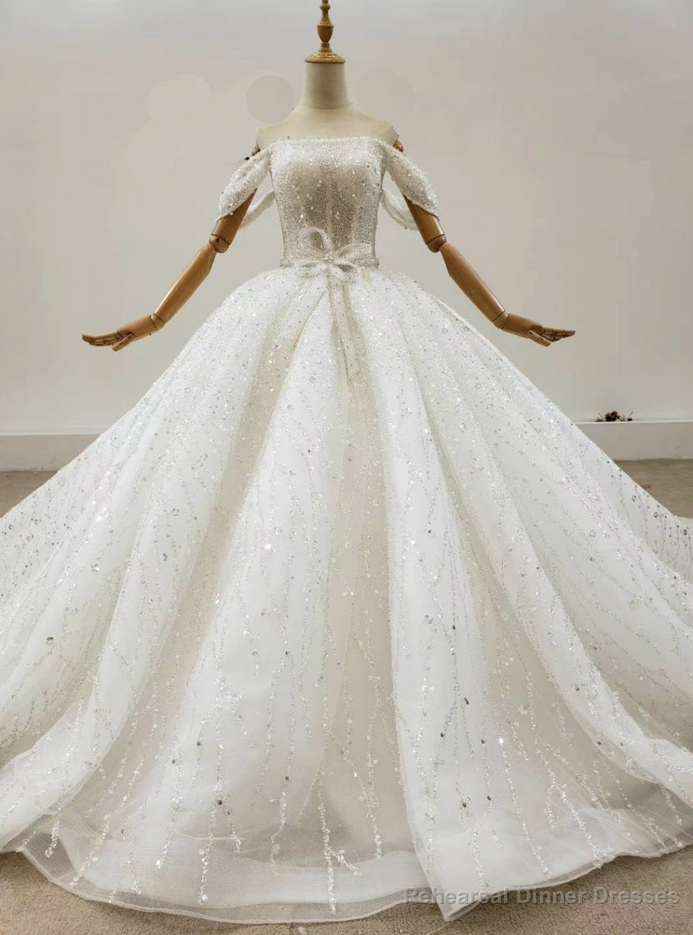 Order Your Ideal Ivory White Ball Gown Tulle Sequins Off the Shoulder Beading Wedding Dress Main image