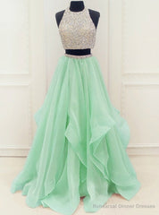 Organza Ruffles Two Piece Beading Sequins Prom Dress