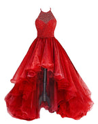 Organza With Beaded Bodice Halter High Low Classy Prom Dress,Pageant Dress