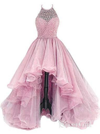 Organza With Beaded Bodice Halter High Low Classy Prom Dress,Pageant Dress