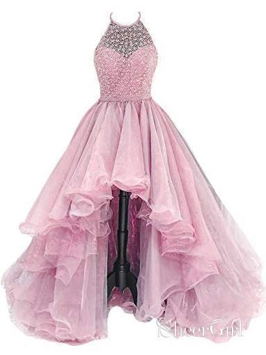 Organza With Beaded Bodice Halter High Low Classy Prom Dress,Pageant Dress
