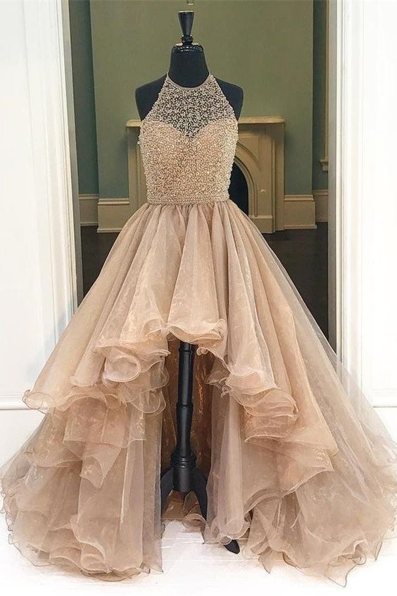 Organza With Beaded Bodice Halter High Low Classy Prom Dress,Pageant Dress