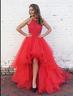 Organza With Beaded Bodice Halter High Low Classy Prom Dress,Pageant Dress