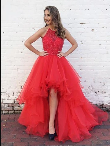 Organza With Beaded Bodice Halter High Low Classy Prom Dress,Pageant Dress