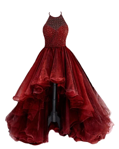 Organza With Beaded Bodice Halter High Low Classy Prom Dress,Pageant Dress