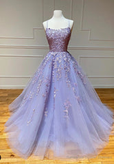 Purple Lace Long Prom Dresses, A-Line Backless Evening Dresses
