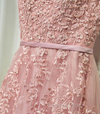 Pink Lace Tulle Long A Line Evening Prom Dress, Pink Evening Dress, 1