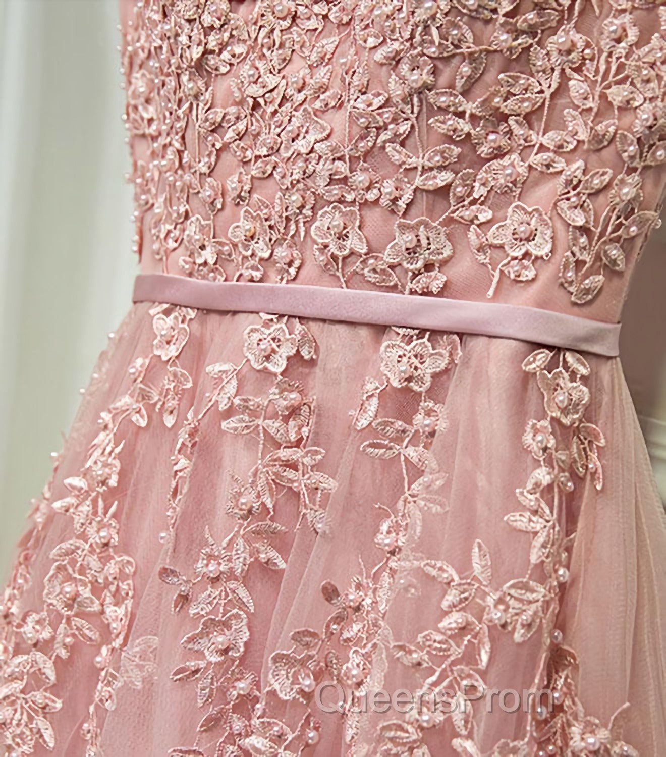 Pink Lace Tulle Long A Line Evening Prom Dress, Pink Evening Dress, 1