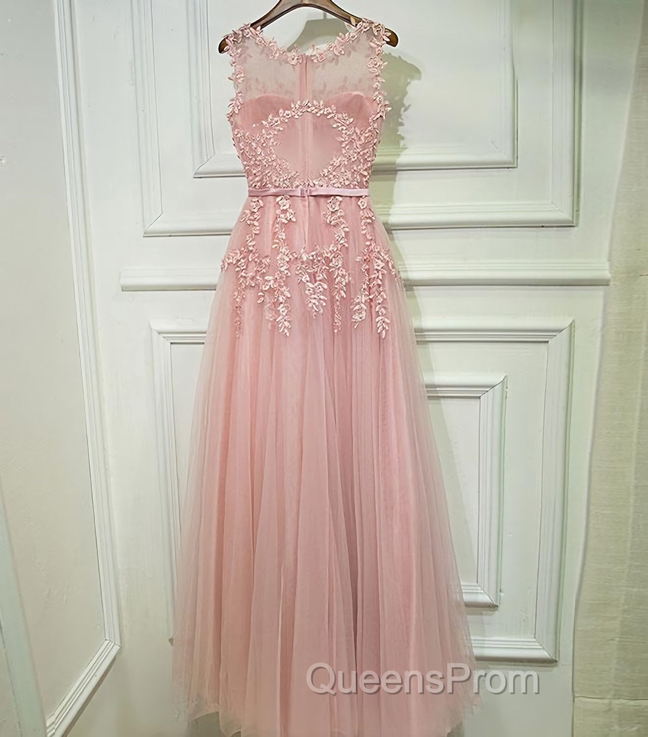 Pink Lace Tulle Long A Line Evening Prom Dress, Pink Evening Dress, 1