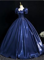 Palace Vintage Navy Blue Puffed Sleeve Embroidered Satin Long Classy Prom Dress