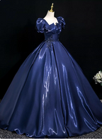 Palace Vintage Navy Blue Puffed Sleeve Embroidered Satin Long Classy Prom Dress