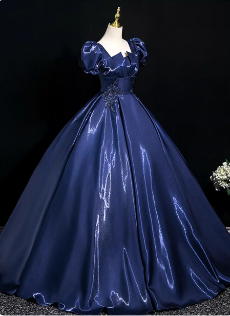 Palace Vintage Navy Blue Puffed Sleeve Embroidered Satin Long Classy Prom Dress