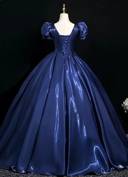 Palace Vintage Navy Blue Puffed Sleeve Embroidered Satin Long Classy Prom Dress