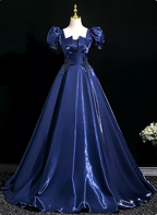Palace Vintage Navy Blue Puffed Sleeve Embroidered Satin Long Classy Prom Dress