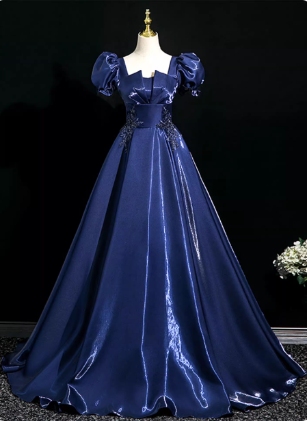Palace Vintage Navy Blue Puffed Sleeve Embroidered Satin Long Classy Prom Dress
