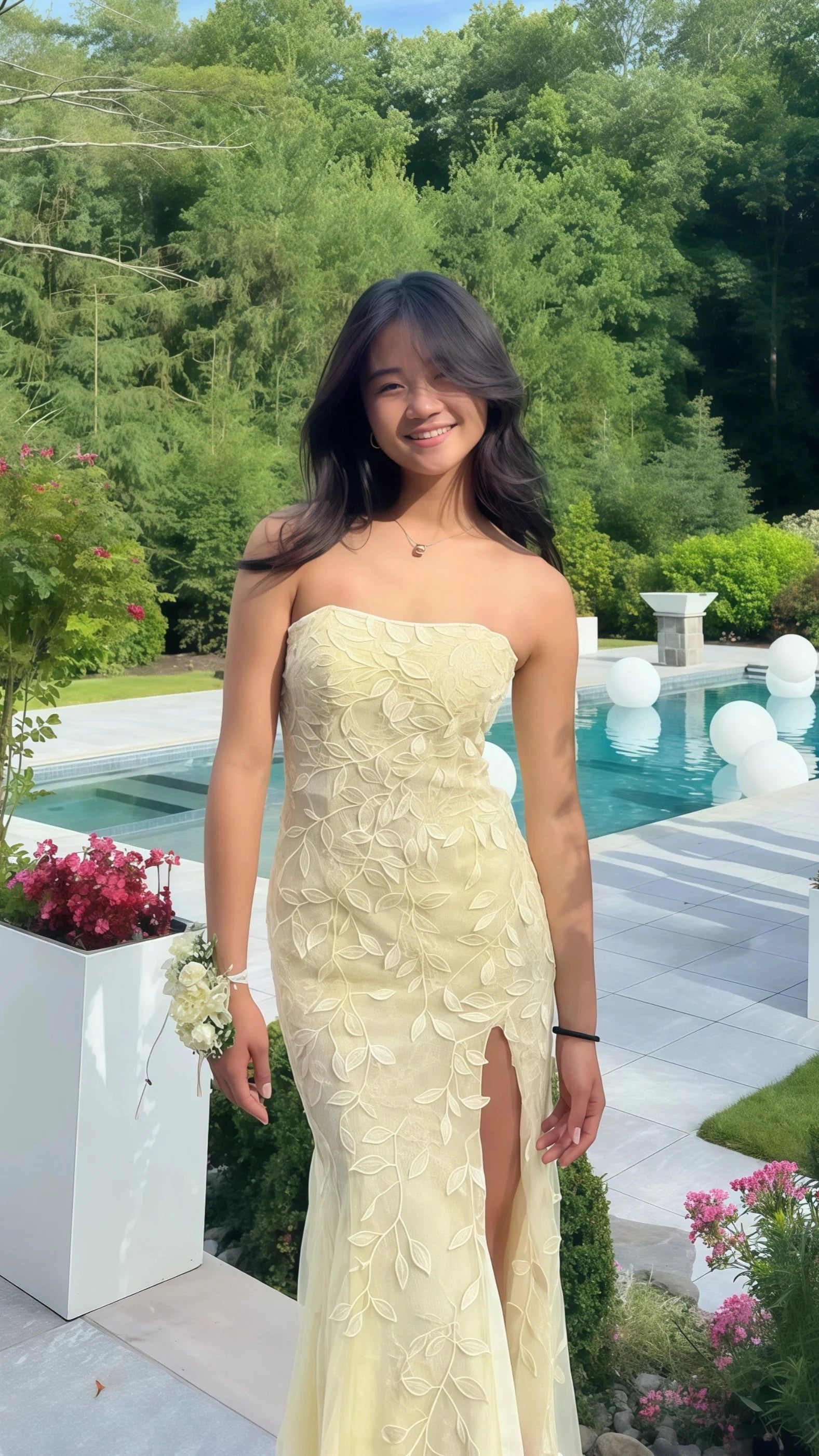 Pastel Yellow Lace Strapless Long Classy Prom Dress With Side Slit