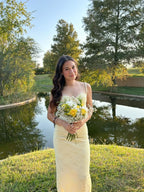Pastel Yellow Classy Prom Dress, Elegant Lace Classy Evening Dress