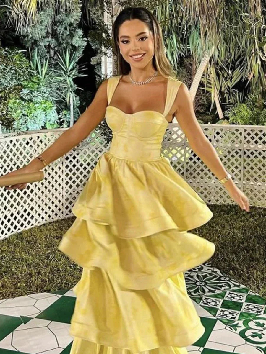 Pastel Yellow Ruffle Tiered A-Line Long Party Classy Prom Dress Secondary image