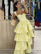 Pastel Yellow Ruffle Tiered A-Line Long Party Classy Prom Dress