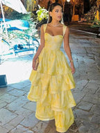 Pastel Yellow Ruffle Tiered A-Line Long Party Classy Prom Dress
