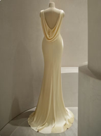 Pastel Yellow Satin Backless Mermaid Long Classy Prom Dress