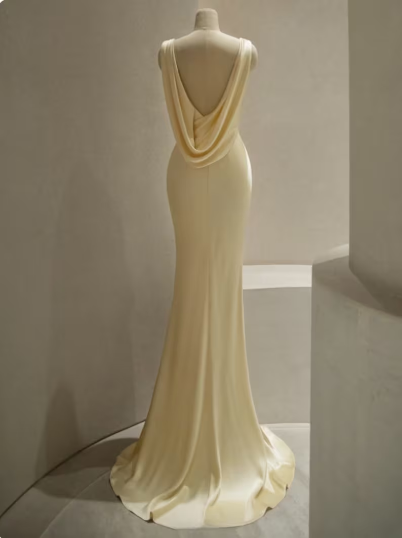 Pastel Yellow Satin Backless Mermaid Long Classy Prom Dress