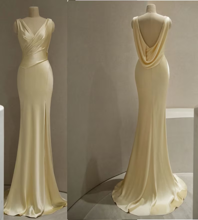 Pastel Yellow Satin Backless Mermaid Long Classy Prom Dress Main image