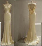 Pastel Yellow Satin Backless Mermaid Long Classy Prom Dress