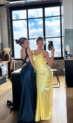 Pastel Yellow Sheath Long Classy Prom Dress Cute Satin Classy Evening Party Dress