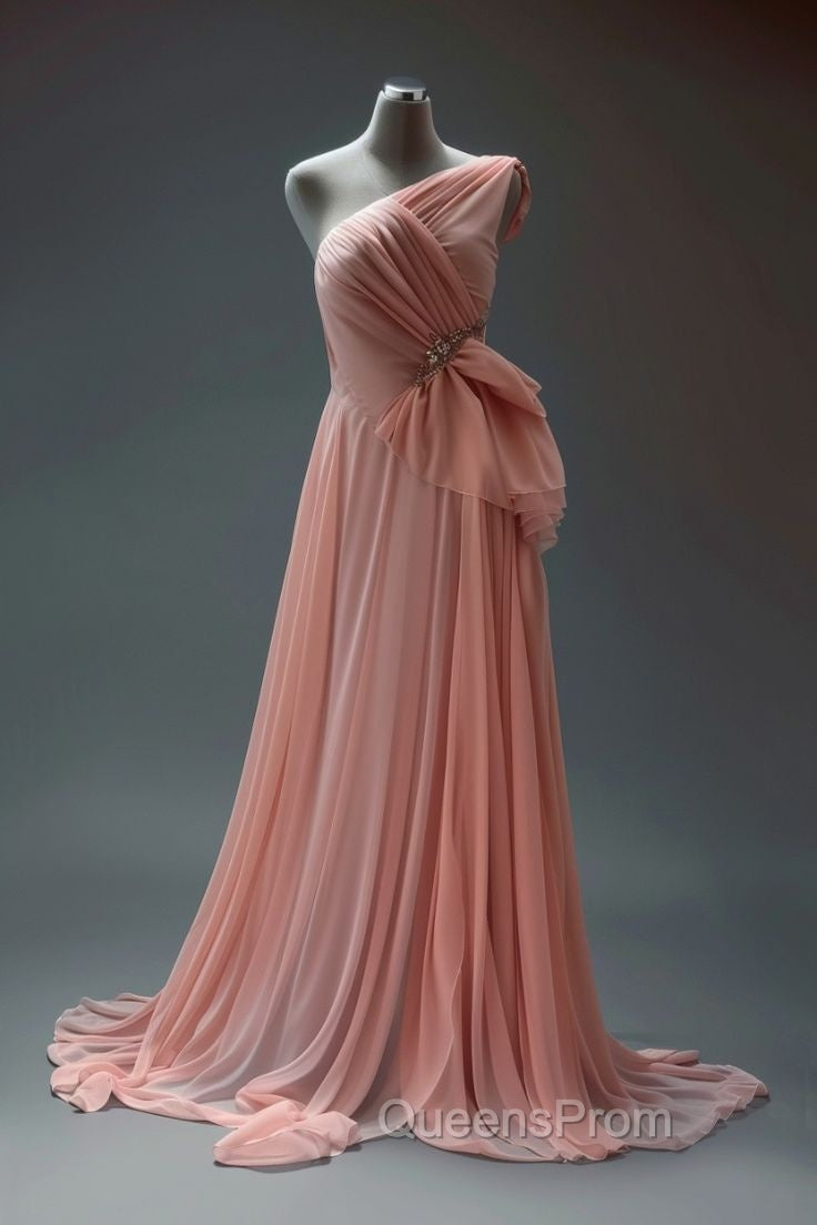 Peach A-Line One Shoulder Chiffon Long Evening Prom Dress Simple Bridal Dress Secondary image