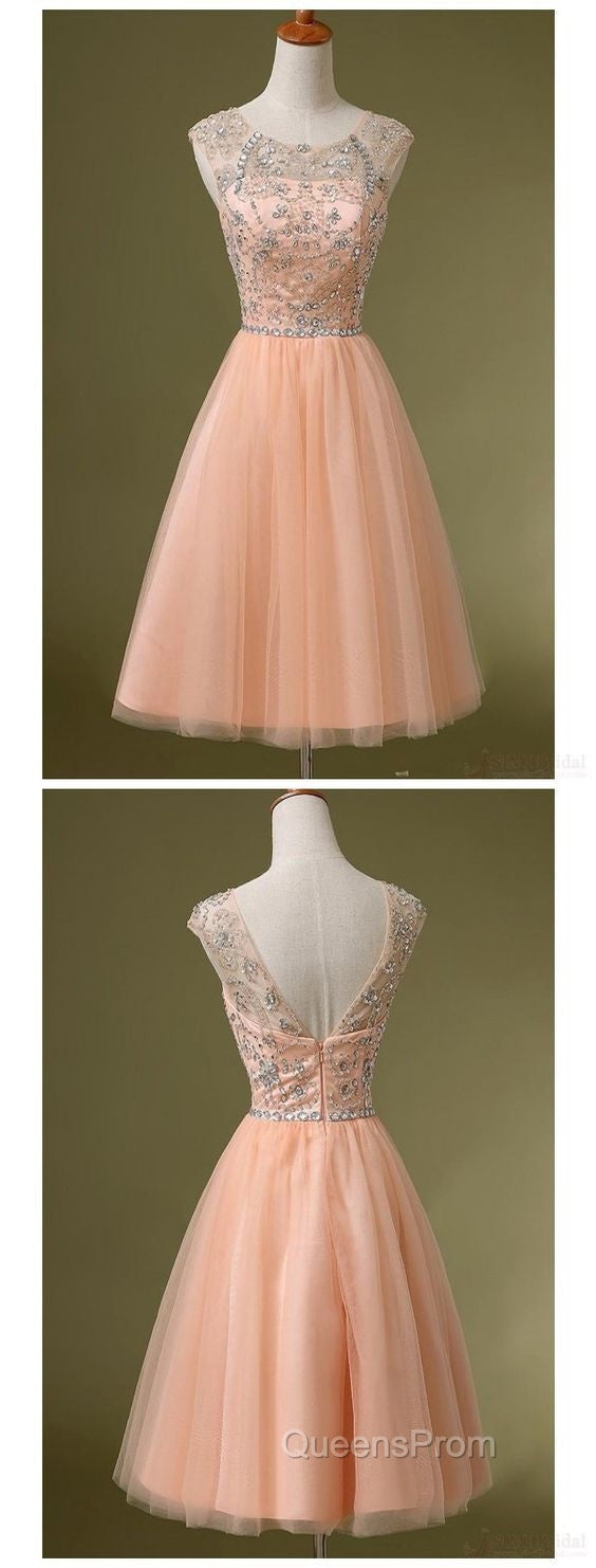 Peach Tulle Beaded Short Cute Homecoming Dress Secondary image