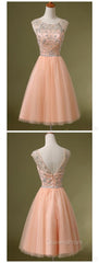 Peach Tulle Beaded Short Cute Homecoming Dress