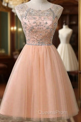 Peach Tulle Beaded Short Cute Homecoming Dress