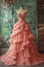Peach Vintage A-Line Sweetheart Neck Long Classy Evening Gown Sweet Beaded Applique Dress