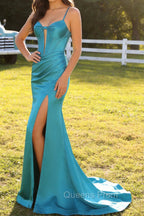 Peacock Blue Corset Mermaid Cut-Out Satin Long Prom Dress with Slit