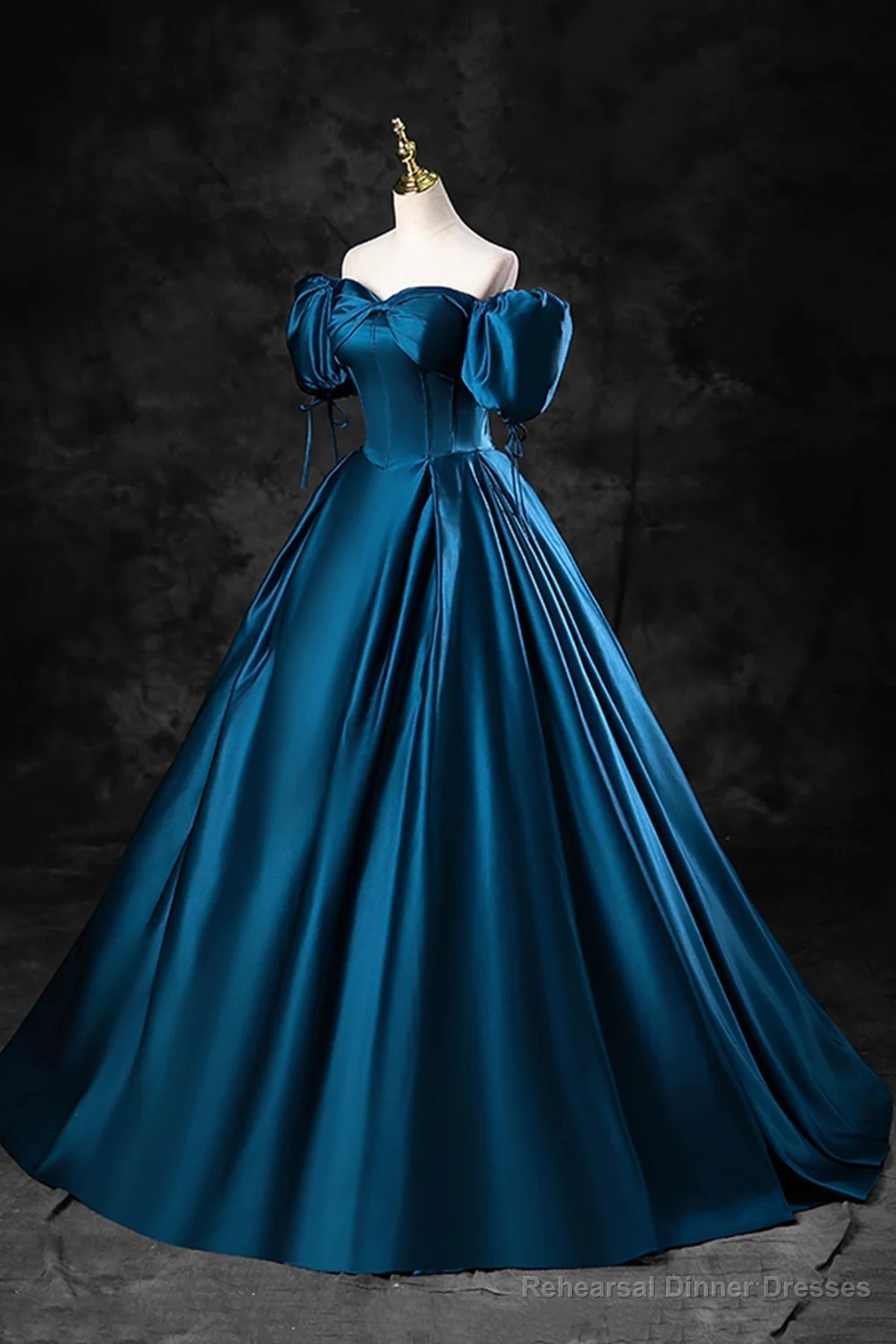 Peacock Blue Long Satin Prom Dresses, Peacock Blue Long Satin Formal Evening Dresses Secondary image