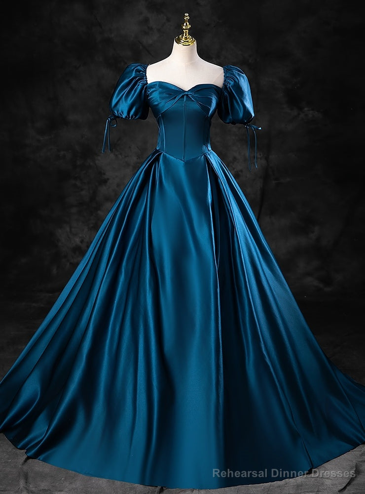 Peacock Blue Satin Sweetheart Puff Sleeve Quinceanera Dress Main image