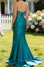 Peacock Mermaid Strapless Pleated Corset Long Prom Dress with Slit